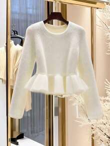 GlowEve Women's Ruffled Hem Layered Crew Neck Long Sleeve Sweater - White - View 1