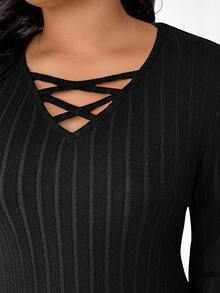 EMERY ROSE Plus Size Ribbed Knit Elegant Cocktail Party Evening Casual Criss-Cross Long Sleeve Fitted Sexy Mature Dress - Black - View 5