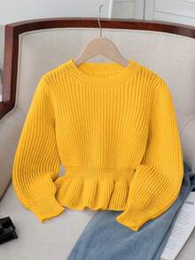Maglia a maniche lunghe lavorata a maglia, abiti per bambini in stile coreano, maglione corto con balze alla moda e vestibilità aderente, adatto per autunno/inverno - Giallo - Visualizzare 3