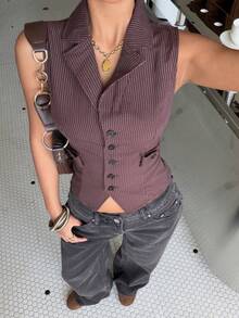 SHEIN EZwear Y2K Tops Brown Striped Woven Sleeveless Top,Tank Top - Brown - View 4