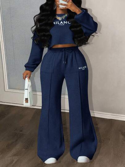 Slaydiva Autumn/Winter New Casual Street Sports Daily Wear Simple Basic Style Round Neck Drop Shoulder Loose Cropped Long Sleeve Sweater Top + Wide Leg Straight Pants With Pockets Long Sleeve Two Pieces Set 2 Piece Casual Sets Woman