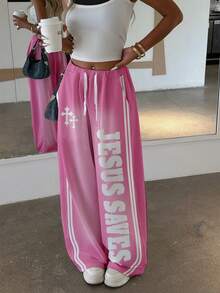 Rovax Fashionable & Streetwear Suitable For Street Photography, Spring/Summer Season, English Letter & Cross Pattern Design, Suitable For Outerwear Pants, Women's Wide-Leg Pants With Curved Hem - Pink - View 5