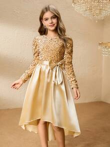 Elegantes Kleid für Mädchen im Teenager-Alter aus champagnerfarbenem Samt mit Pailletten, Langarm, tailliert mit Schleife, Rüschensaum aus Satin