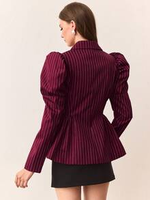 Revavyn Women's Puff Flower Hem Lantern Sleeve Notched Collar Striped Blazer Jacket - Burgundy - View 2