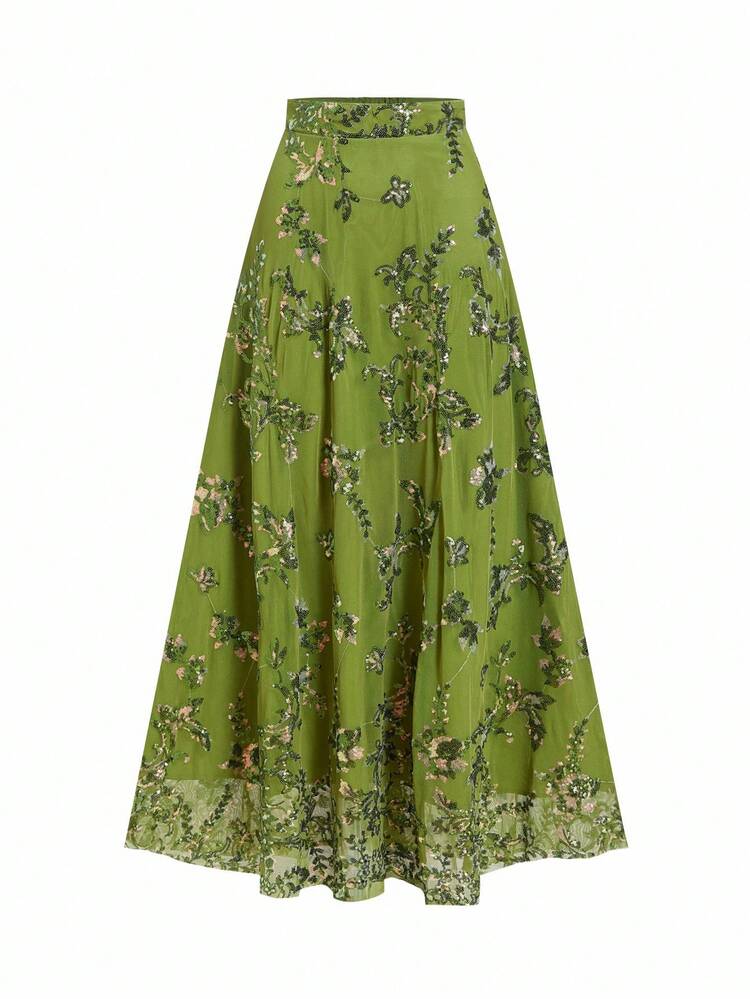 Ellevyn Women's Elegant Glitter Embroidery Green Long Skirt Fall Airport Country Fall Formal Dress For Women Evening Dress Chic Wedding Elegant Dresses For Women   Party Elegant Green Christmas Skirt  , Christmas Clothes  New Year Casual Outfit For Women   Spring Outfit Women   Summer Outfits - Green - View 3