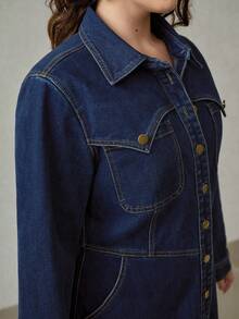 MOTF PREMIUM 加大码长袖牛仔衬衫裙 - 藍色 - 查看 3
