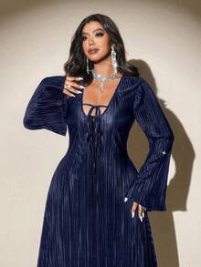 Viva Relle Vestido elegante de fiesta con cuello en V, mangas acampanadas y lazo delantero para mujer de talla grande - Azul - Ver 1