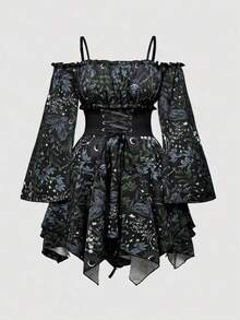 ROMWE Goth Đầm trễ vai in họa tiết Boho Allover viền bất đối xứng cỡ lớn, có họa tiết mặt trời, mặt trăng, ngôi sao, côn trùng và hoa, tay áo loe và thắt lưng - Nhiều màu - Xem 1