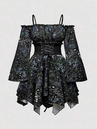 Goth Boho Allover Print Off-Shoulder Asymmetrical Hem Plus Size Dress, With Sun, Moon, Stars, Insects And Flowers Patterns, Flared Sleeves And Waist Tie,Corset Dress For Women
