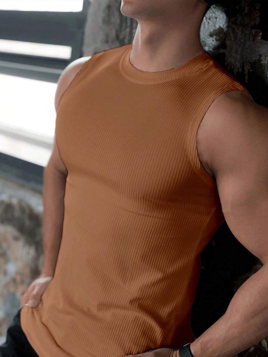 Manfinity Sport Corelite Boyfriend Style Men's Solid Color Crew Neck Sleeveless Sports Tank Top For Summer - Khaki - View 1