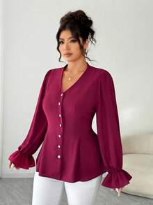 SHEIN Elenzya Áo sơ mi dài tay bo gấu nhún bèo cỡ lớn cho nữ - Màu Đỏ Sâu - Xem 8