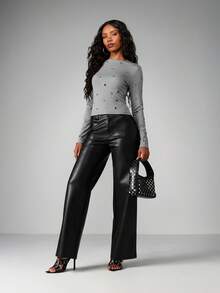 MISSGUIDED Metallic Eyelet Detail Long Sleeve Fitted Top With Grommets Round Neck Pullover - Grey - View 4