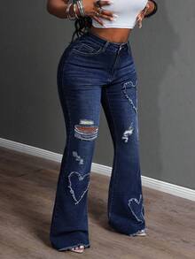 Slaydiva Plus Size Women Cowgirl Style Blue Stretch Heart Embroidered Distressed Flare Jeans, Spring - Dark Wash - View 3