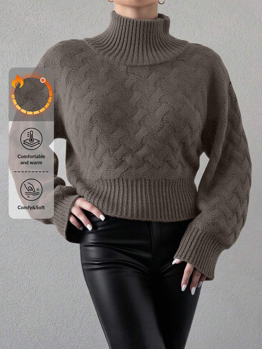 EURMUSE Short High Neck Jacquard Sweater - Brown - View 1