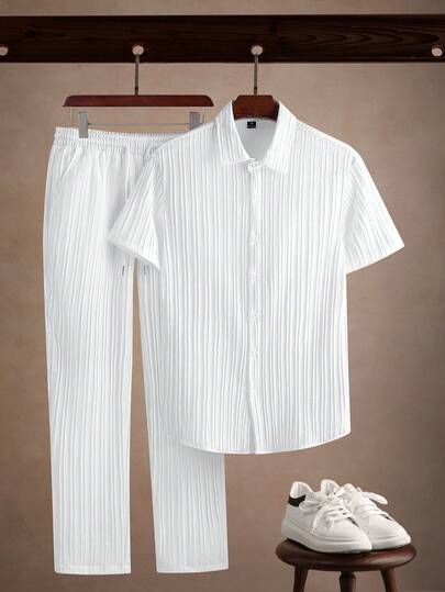 Core Aspect Men's Plus Size Solid Color Simple Daily Two-Piece Outfit, Plain Casual Set, Going Out