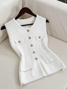 GlowEve 秋冬新款金属扣口袋套头圆领休闲舒适时尚优雅百搭女士毛衣背心 - 白色 - 查看 3