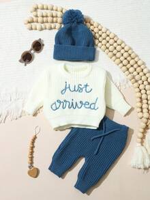SHEIN 3Pcs Set Baby Hospital Arrival Announcement Outfit 1-3 Month Baby Knitted Tops And Pants With Hat Newborn Photo Shoot Props Neutral Baby Coming Home Outfit - Multicolor - View 3