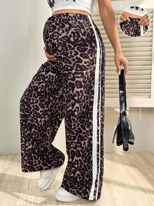 SHEIN 孕妇高腰豹纹直筒宽松可调节侧条纹裤 - 棕色 - 查看 1