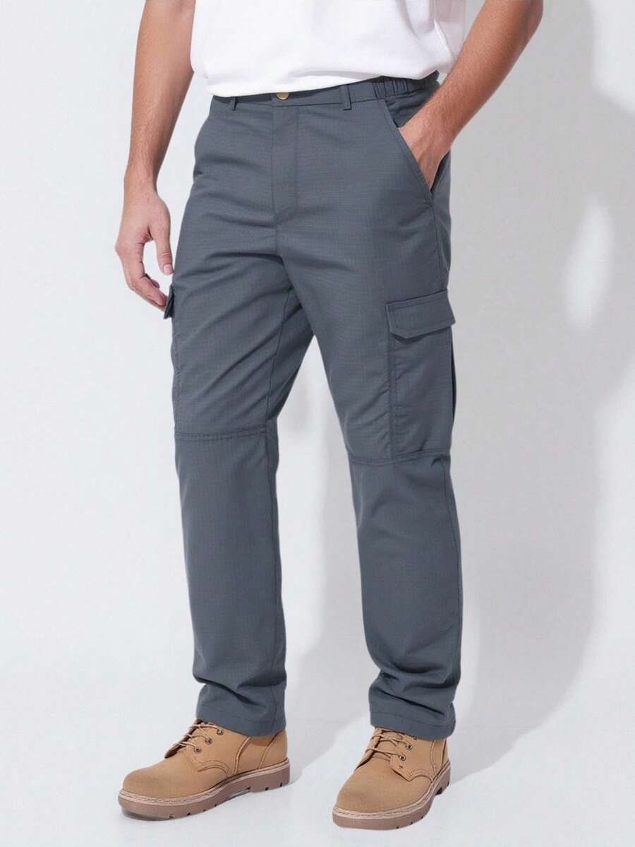 Manfinity Nomadique 男士户外徒步休闲纯色工装裤 男士灰色工装裤 男士灰色工装裤 实用裤 - 深灰色 - 查看 1