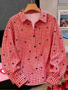 INAWLY Women's Plaid Heart Print Long Sleeve Single-Breasted Casual Shirt - Multicolor - View 1
