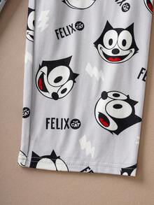 SHEIN Felix The Cat Young Boy Cartoon Pattern Cute Casual Long Sleeve T-Shirt And Pants Pajama Set - رمادي - مشاهدة 8