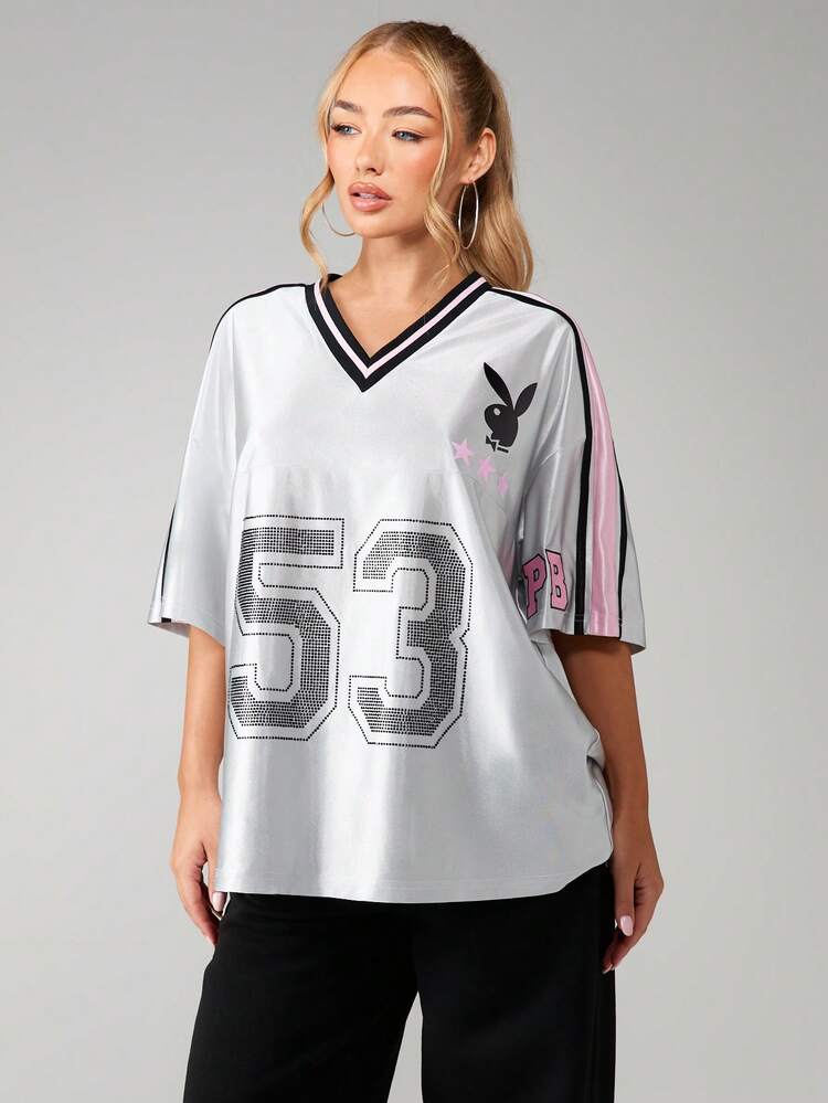 Missguided x Playboy Logo Print Jersey Top With Rhinestone Number Detail V-Neck Short Sleeve Fashion Tee