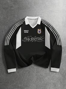 ROMWE MEN Prep Men's Polo Shirt With Collar, Slogan Print, Casual & Fashionable