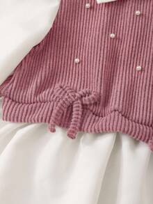 Dusty Pink Cute Tween Girls Knitted Striped Shirt Co-Ords With Collar Long Flare Sleeve And Ruffle Hem - Dusty Pink - View 6