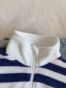 PrepCrw 1 件年轻女孩优雅都市百搭经典蓝白条纹领半拉链长袖运动衫，适合上学、休闲外出、旅行、聚会、度假、秋冬季 - 藍白色 - 查看 4