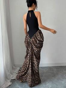 Elenzga 女士黑色针织拼接豹纹圆领无袖褶皱腰身优雅连衣裙，适合生日礼物、约会、派对、正式场合、鸡尾酒会、音乐节、情人节、复活节、劳动节、返校派对、单身派对、春季等场合。 - 黑色 - 查看 2