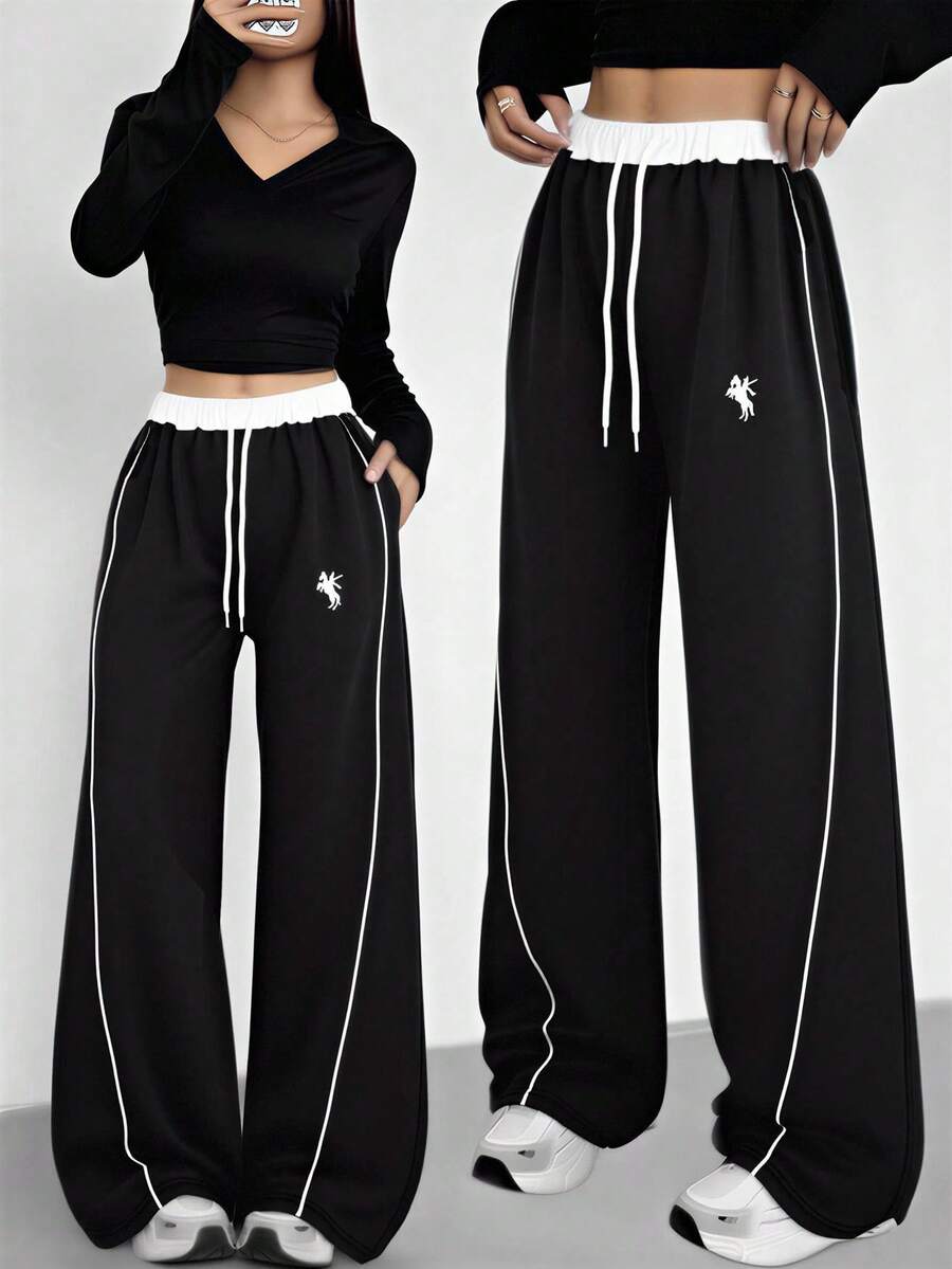 Sparklyn Teen GirlsThe Retro-Style, Multi-Colored, Sporty, Casual, Street-Style, Adjustable-Waist, Segmented, And Embroidered Straight-Leg, Insulated, Wide-Leg Pants Suitable For Both Autumn And Winter, Perfect For A Casual, Street-Style Look. - Black - View 1