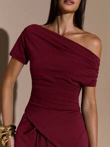 SHEIN BAE Autumn/Winter Solid Brown Sexy Asymmetric Neck Women Short Sleeve Top & Pants 2-Piece Set Autumn/Winter Thermal Thermal Lining Women's Knit 2-Piece Set Basic Knit Women's Asymmetric Neck Top - Burgundy - View 6