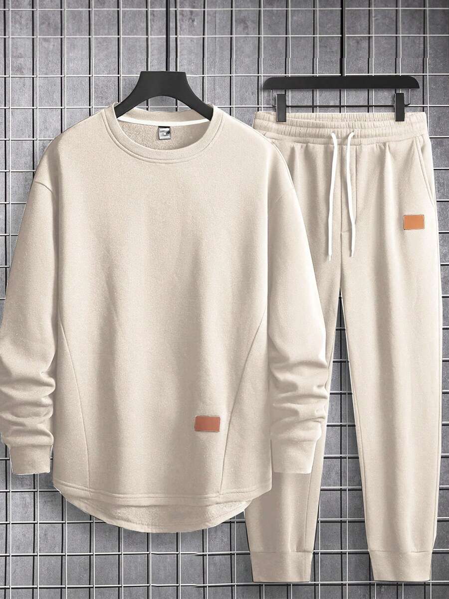 Manfinity Homme Loose Fit Men's Patched Detail Sweatshirt And Drawstring Waist Sweatpants Set Casual Two Piece Set - Beige - View 1