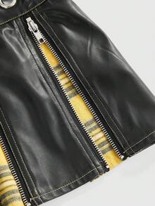 ROMWE Academia Punk Campus Style PU Plaid Patchwork Metal Zipper Low Waist Women Mini Skirt
