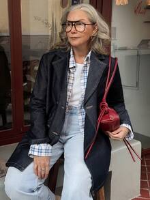 Vivie Lora Veste en jean décontractée à col cranté et double boutonnage pour femmes, automne - Bleu marine - Voir 1