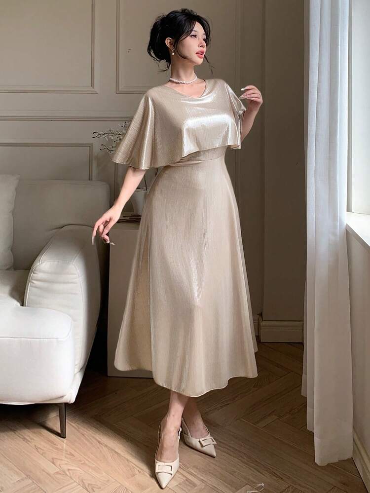 Women's V-Neck Shawl Collar Patchwork Elegant Sparkly Long Dress Sundress