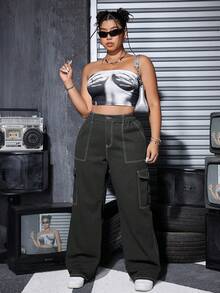 Plus Size Women Loose Fit Elastic Waist Washed Denim Cargo Pants - Dark Grey - View 5