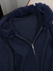 GlowEve Plush Hooded Zip-Up Solid Color Minimalist Cardigan For Women - Navy Blue - View 5