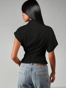 MISSGUIDED Women's Short Sleeve Mock Neck Fitted Top With Dolman Sleeves And Cinched Waist For Spring Summer Everyday Casual Wear - Black - View 2