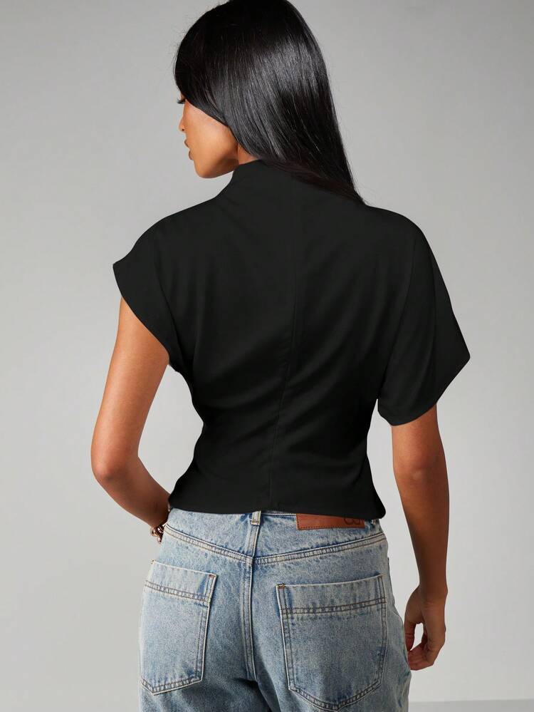 MISSGUIDED Women's Short Sleeve Mock Neck Fitted Top With Dolman Sleeves And Cinched Waist For Spring Summer Everyday Casual Wear
