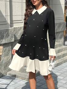 SHEIN 珍珠装饰撞色孕妇长袖连衣裙 - 黑色 - 查看 6
