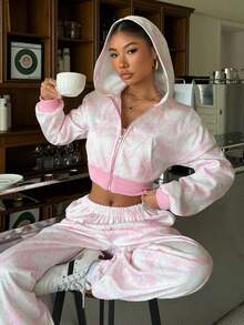 Muchica Women's Casual Pink Leaf Print Drop-Shoulder Loose Zip-Up Cropped Hoodie And Jogging Pants Set; Women's Hooded Sweatshirt And Jogger Pants Two-Piece Set; Women's Autumn Sportswear Set; Women's Winter Clothing; Brown; New Year's; Party; Christmas; Thanksgiving; Graduation; Luxury; Fashion Y2k Women Two Piece Outfits - Multicolor - View 3