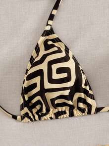 Swim Vcay Women's Beach Spring/Summer Music Festival Asymmetrical Graphic Pattern Print Halter Triangle Bag, High Cut PantsSkirtrt 3-Piece Bikini Set - Multicolor - View 6