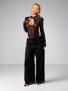 MISSGUIDED Elegante Spitzenbesatz Weite Bein Hose für Abendpartys, hochgeschnittene Palazzo Hose mit Kordelzug Detail