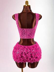 Amplova 2 pezzi Set di top corti aderenti da donna con spalline larghe e senza maniche, di colore unito - Fucsia - Visualizzare 3