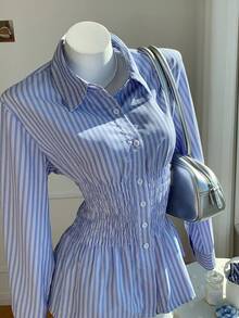 Comfortcana 2025 New Fall/Winter Fashionable Women's Striped Fresh Waist Cinching Long Sleeve Shirt Christmas For Women New Year Elegant Blouses For Women Casual Blouse For Women Business Casual Women Shirts Blue Striped Shirt - Blue - View 3