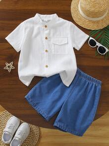 Souflis Souflis Set de 2 piese în stil oriental pentru copii mici, set de vară din denim pentru băieți, partea de sus este o cămașă albă texturată țesută cu guler înalt și buzunar decorativ, partea de jos este o pereche de pantaloni scurți din denim decolorați cu tiv rulat, stil casual potrivit pentru purtare zilnică, școală, vacanță, sărbătoare, călătorii, relaxare, plajă, vară - Albastru si alb - Vizualizare 8