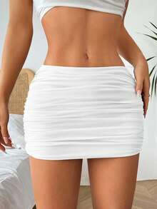 SHEIN EZwear Fashionable Sexy Solid Color Pleated Ultra-Low Waist Women Skirt White Skirt Mini Skirt Tight Skirt Ruched Skirt Skirt For Women - White - View 3