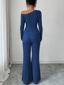 Selianne 女士时尚休闲两件套，不对称肩部褶皱下摆金属装饰长袖罗纹针织修身T恤+罗纹针织修身喇叭裤 - 藍色 - 查看 2