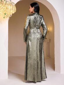 Veilorie Váy dài tay cổ đứng xếp ly kim loại dành cho nữ - Vàng - Xem 3